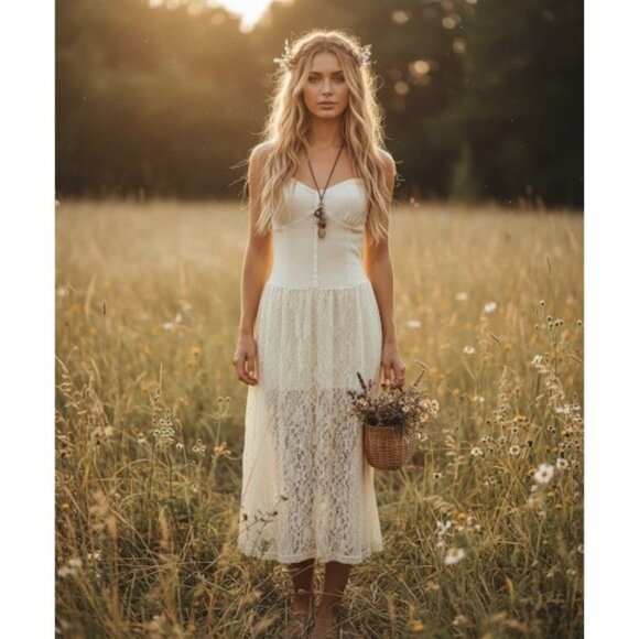 RARE Intimately Free People Boho Cottagecore Cream Lace Henley Maxi Slip Dress - Picture 12 of 16